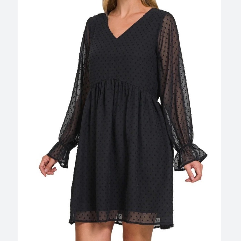 ZENANA Black Small Swiss Dot Babydoll‎ V Neck Dress Long Sleeve